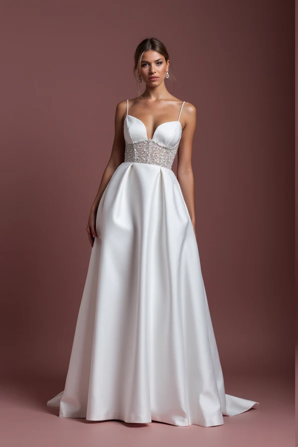 Elegant A-Line White Wedding Gown with Detachable Skirt for Versatility - Image 2