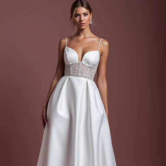 Elegant A-Line White Wedding Gown with Detachable Skirt for Versatility - Image 4