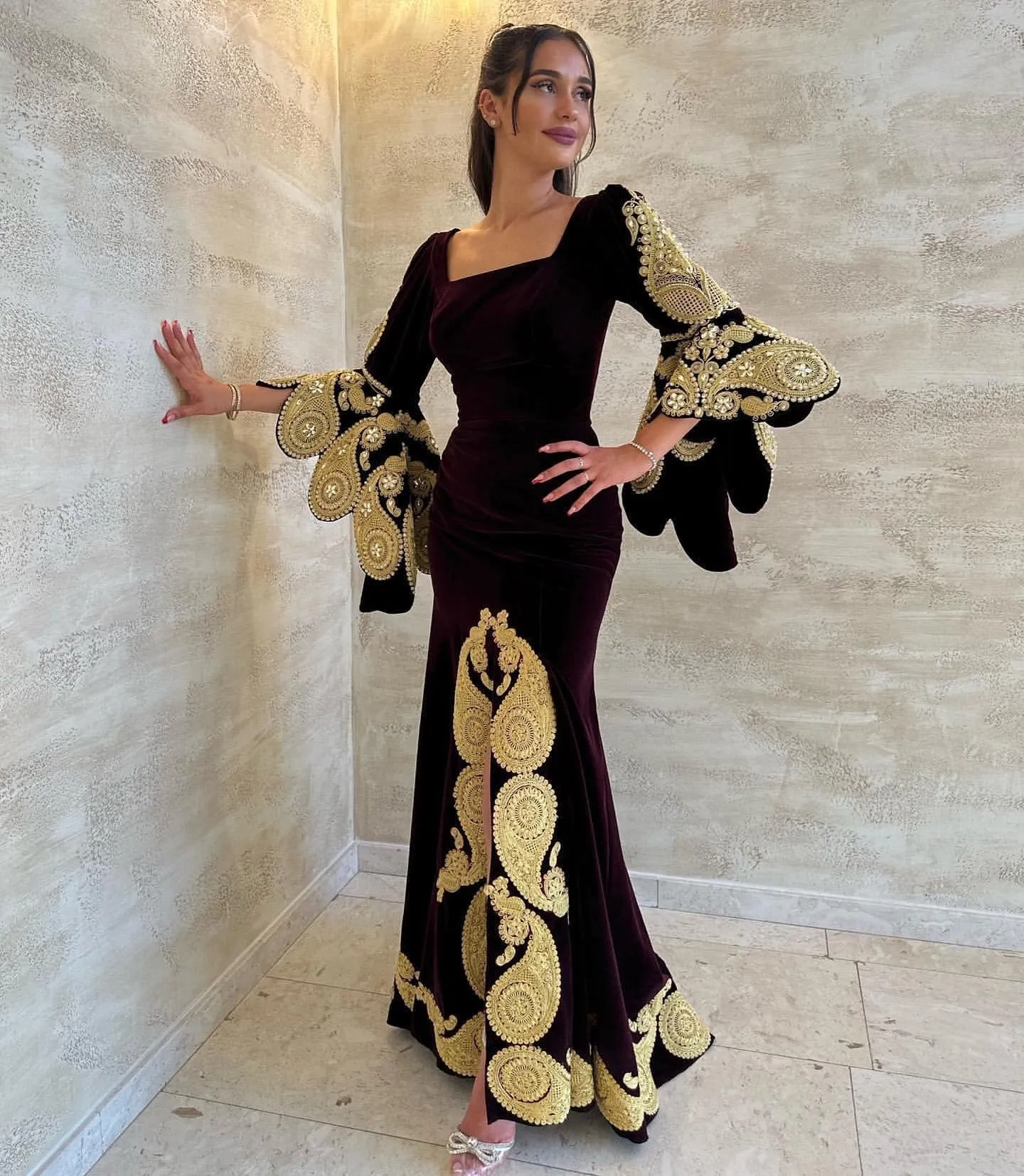 Elegant Arabic Mermaid Velvet Evening Dresses Square Collar Long Cape Sleeves Appliques Prom Gowns Algerian Outfits - Image 3
