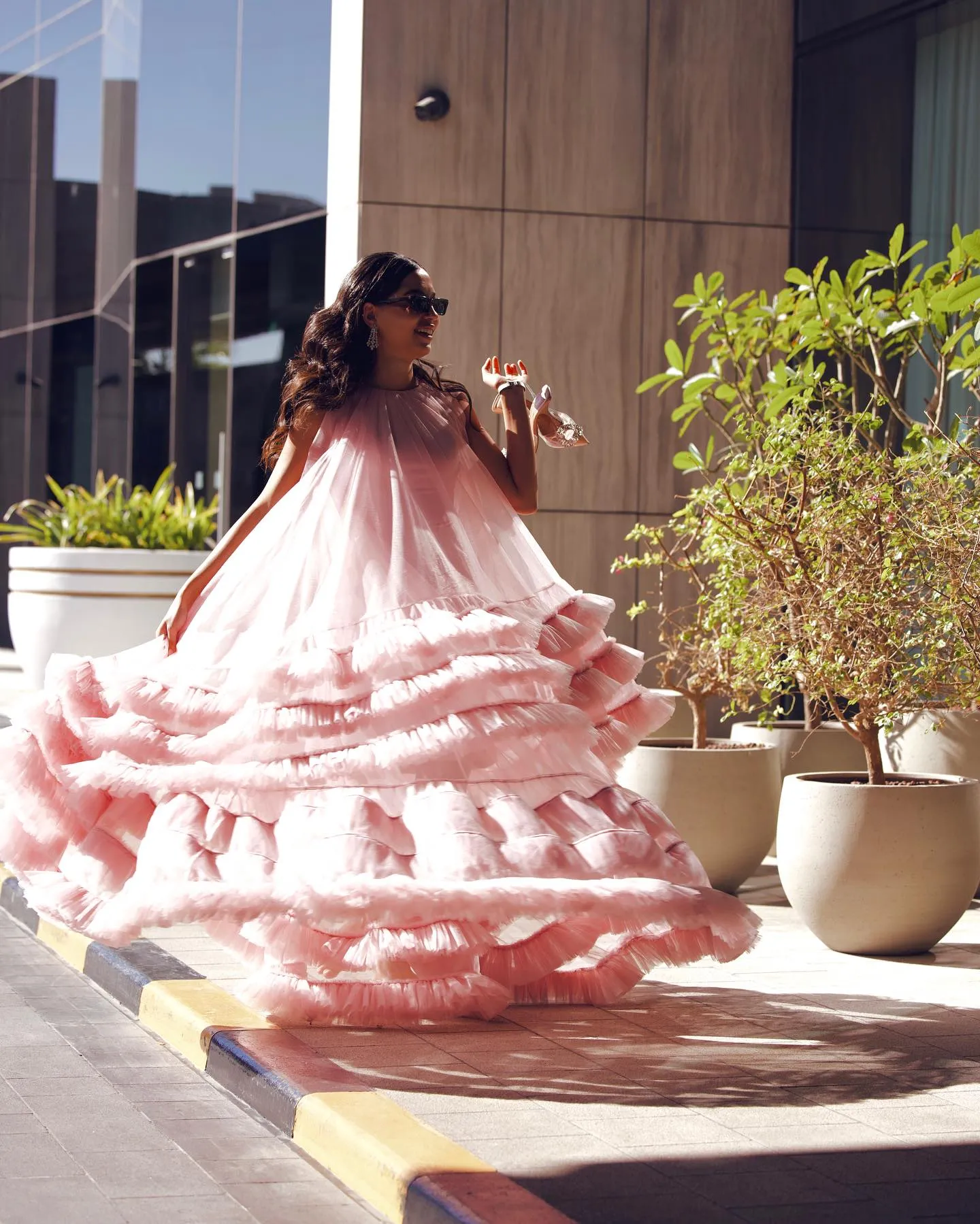 Elegant Baby Pink Tulle Prom Dress Straight O-Neck Tiered Ruched Formal Evening Dress Floor Length Party Gown - Image 3