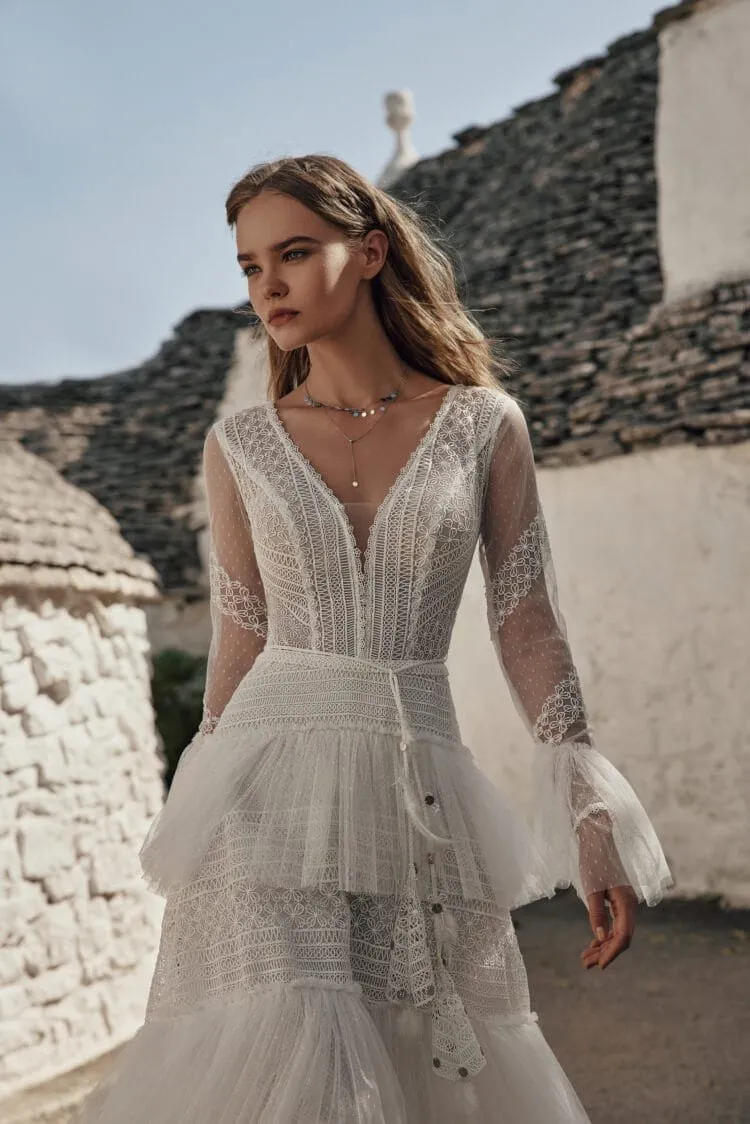 Elegant Beach Wedding Dress with Long Sleeves, V-Neckline & Intricate Lace for a Breathtaking and Romantic Bridal Look - Image 3