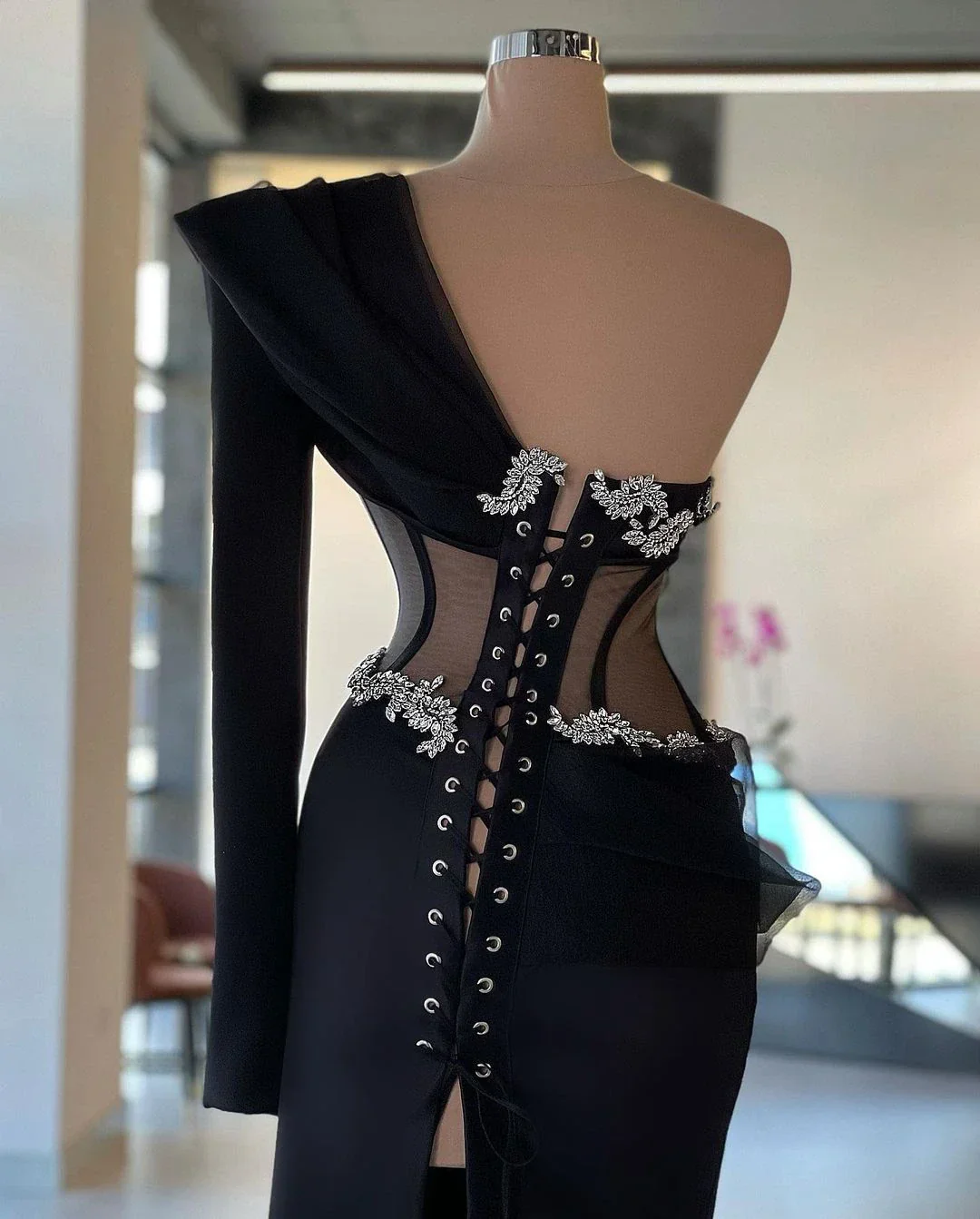 Elegant Black Evening Dresses One Shoulder Long Sleeves Crystals Beaded Plus Size Lace-up Back Women Pageant Gowns - Image 2