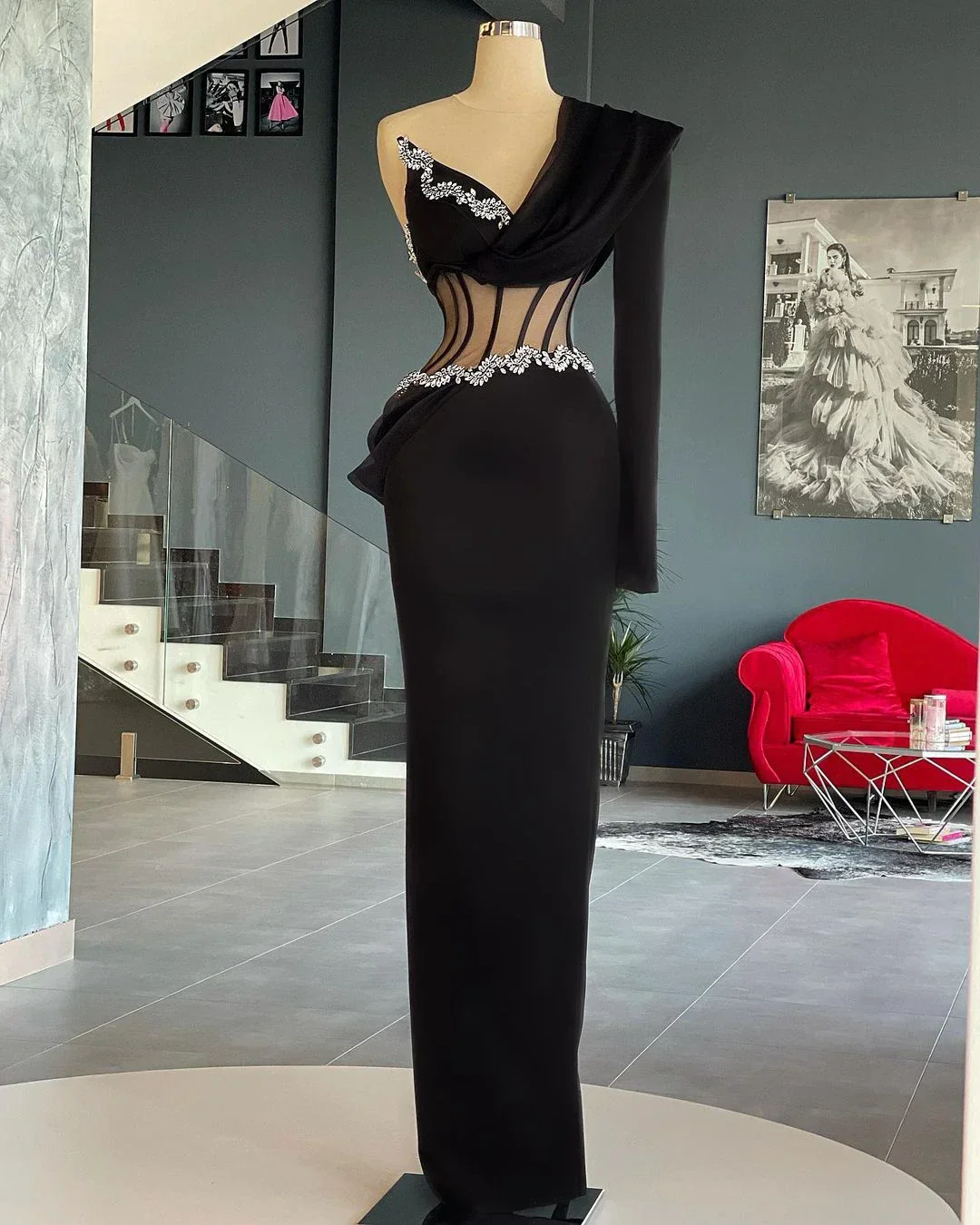 Elegant Black Evening Dresses One Shoulder Long Sleeves Crystals Beaded Plus Size Lace-up Back Women Pageant Gowns - Image 3