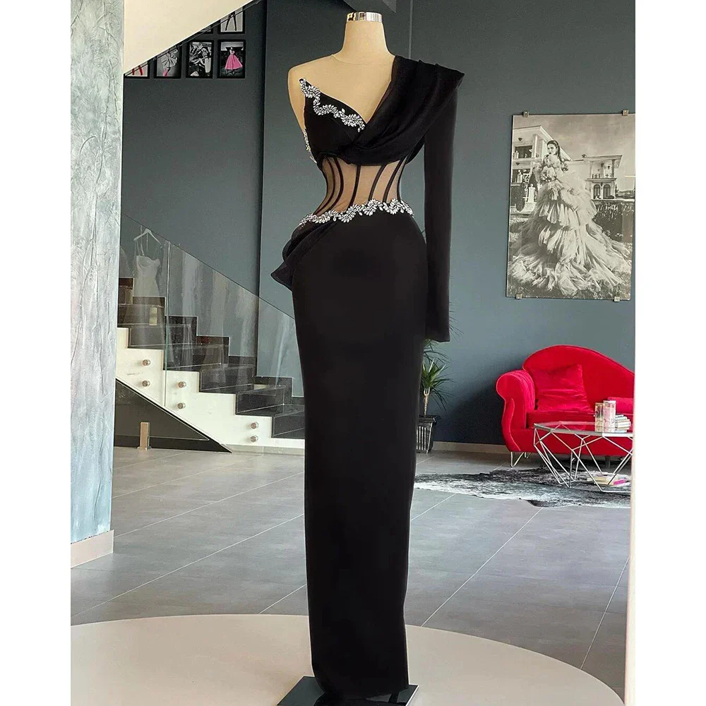 Elegant Black Evening Dresses One Shoulder Long Sleeves Crystals Beaded Plus Size Lace-up Back Women Pageant Gowns - Image 7