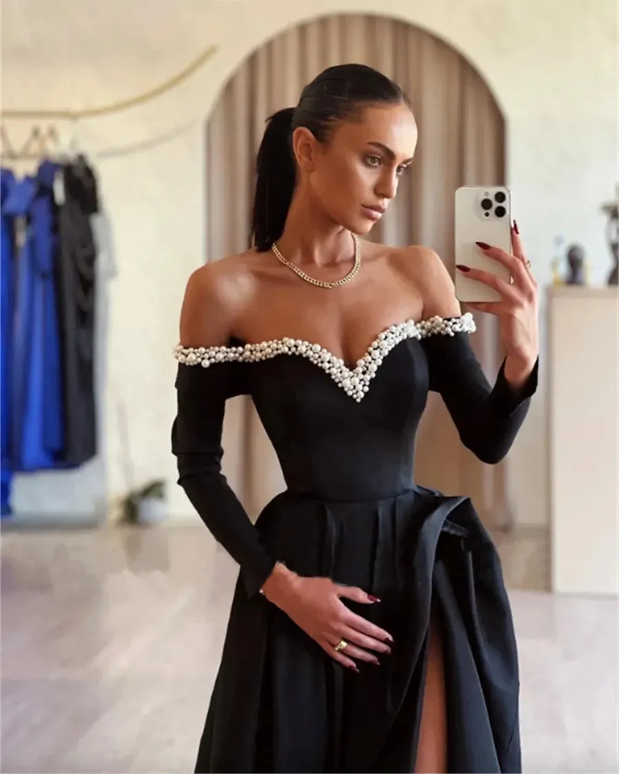 Elegant Black Prom Dresses A-Line Satin Off The Shoulder Long Sleeves Floor Length Party Gowns vestidos de graduación - Image 3