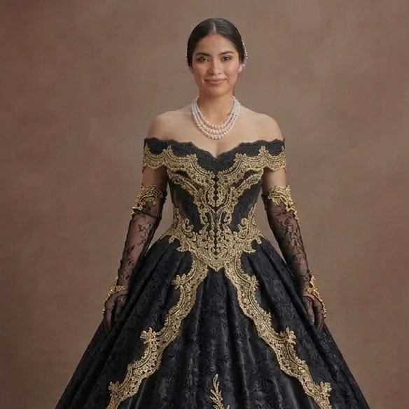 Elegant Black Quinceañera Dress Gold Lace Fabric Trim - Image 4