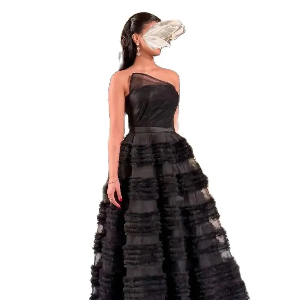 Elegant Black Strapless A-line Prom Dress Luxury Multilayer Princess Edge Curl Robes De Soirée - Image 2