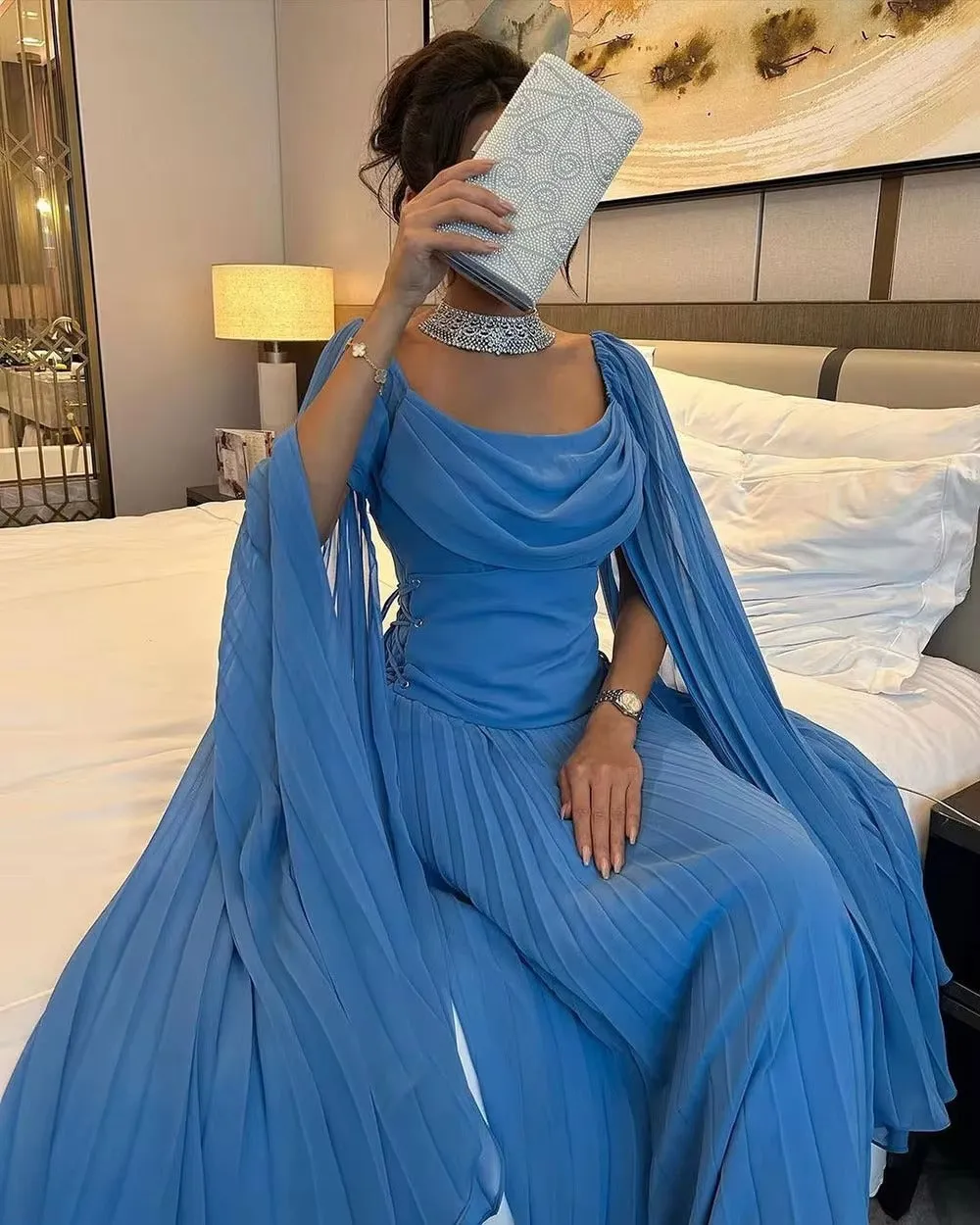 Elegant Blue Arabia Chiffon Prom Dresses Scoop Long Cape Sleeves Pleated Party Growns - Image 3
