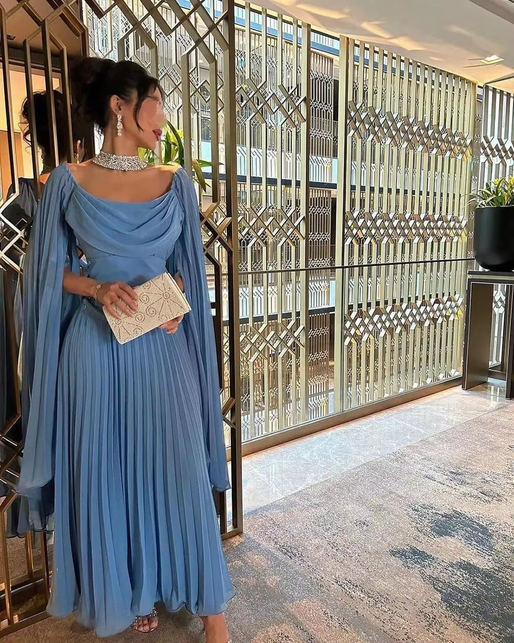 Elegant Blue Arabia Chiffon Prom Dresses Scoop Long Cape Sleeves Pleated Party Growns - Image 4