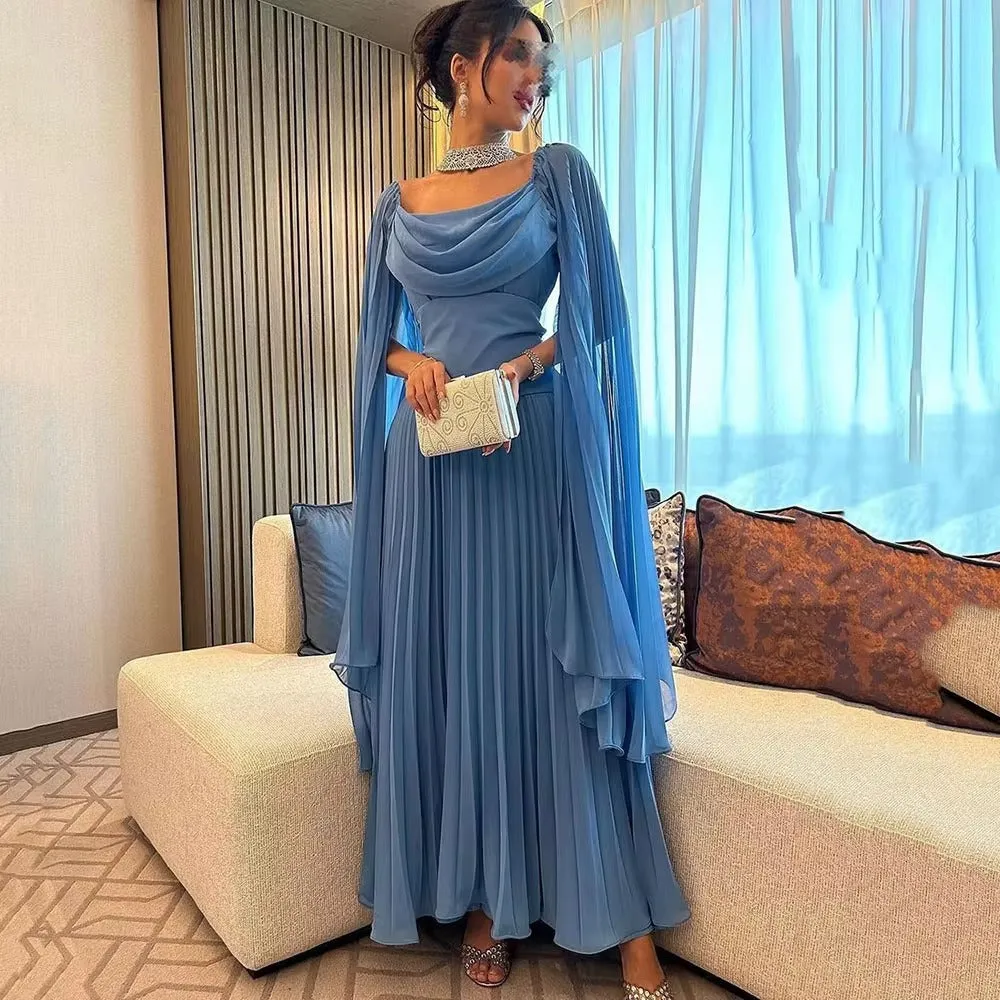 Elegant Blue Arabia Chiffon Prom Dresses Scoop Long Cape Sleeves Pleated Party Growns - Image 5
