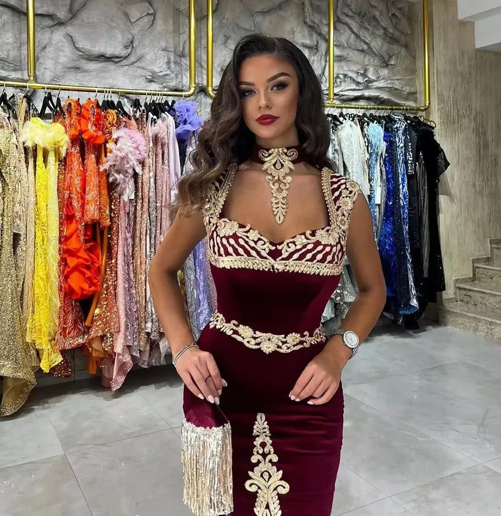 Elegant Burgundy Mermaid Kaftan Evening Dress Lace Appliques Sheath Prom Gown Mid Slit Floor Length Algerian Outfit - Image 2