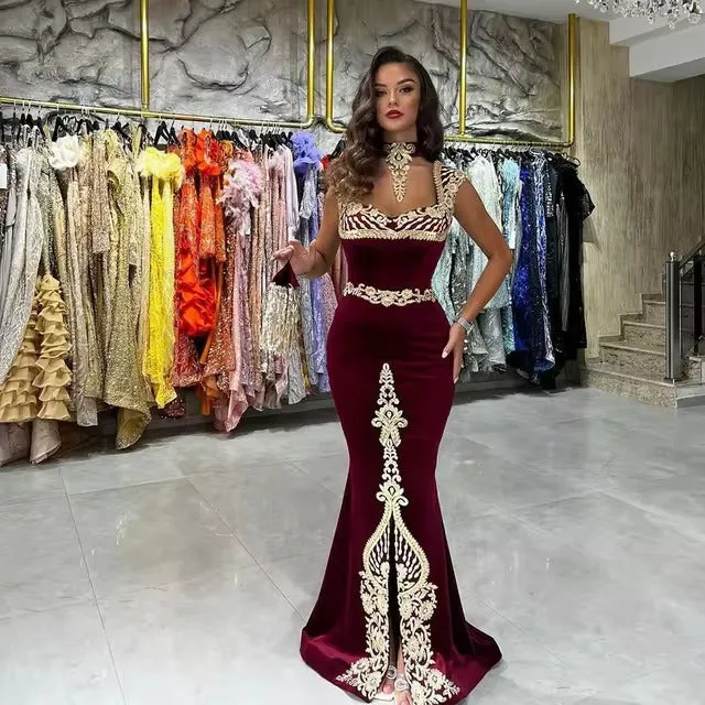 Elegant Burgundy Mermaid Kaftan Evening Dress Lace Appliques Sheath Prom Gown Mid Slit Floor Length Algerian Outfit - Image 4