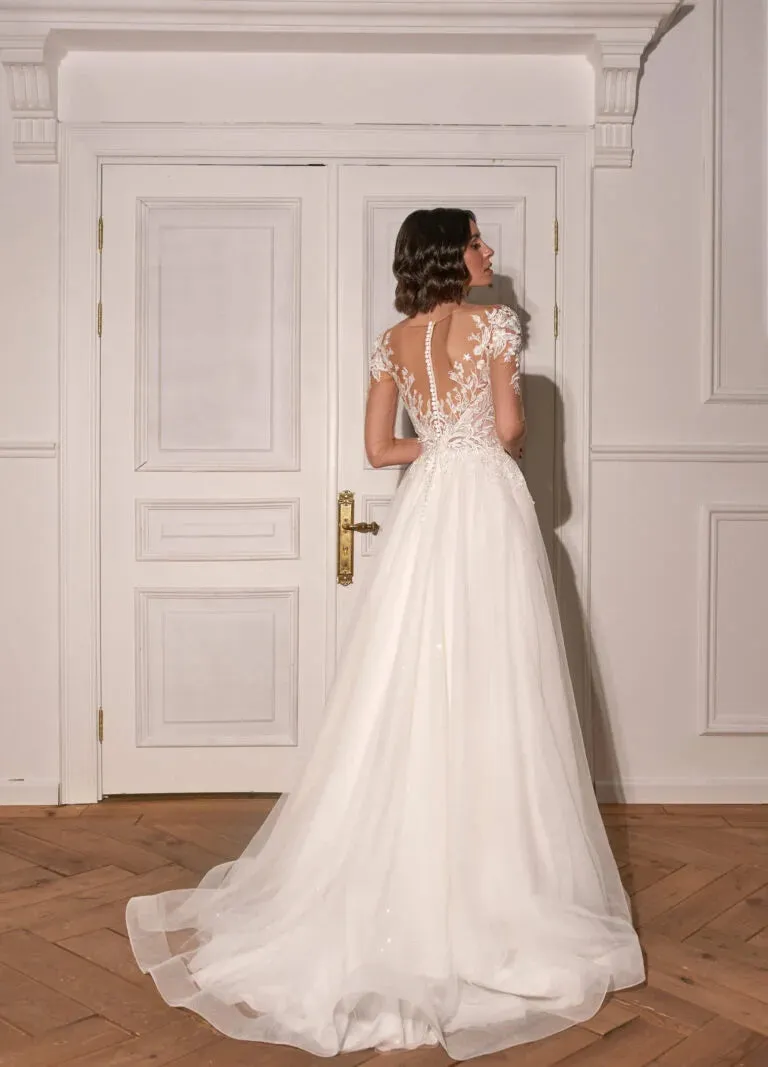 Elegant Classic A-Line Wedding Dress with Long Sleeves, Open Neckline, Embroidery Detailing, and Natural Waistline - Image 2