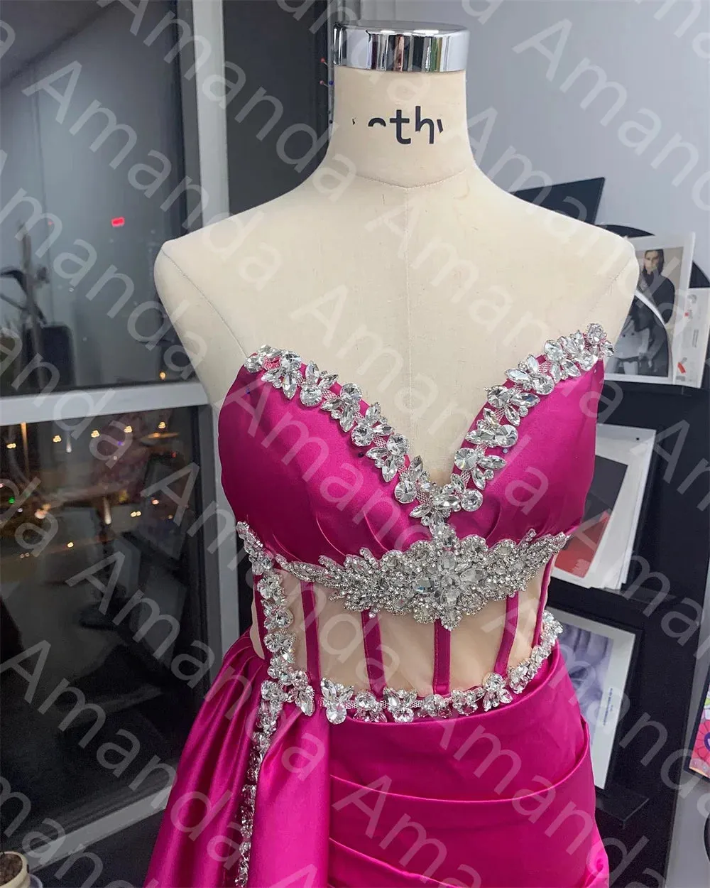 Elegant Fuchsia Mermaid Evening Dress Sexy Side Split Trumpet Party Dress Luxury Sequins Satin فساتين مناسبة رسمية - Image 2