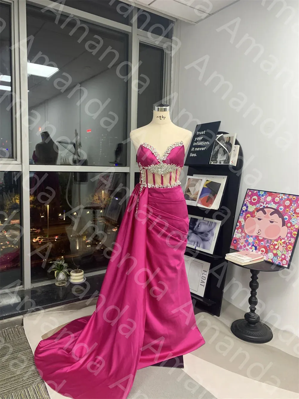 Elegant Fuchsia Mermaid Evening Dress Sexy Side Split Trumpet Party Dress Luxury Sequins Satin فساتين مناسبة رسمية - Image 3