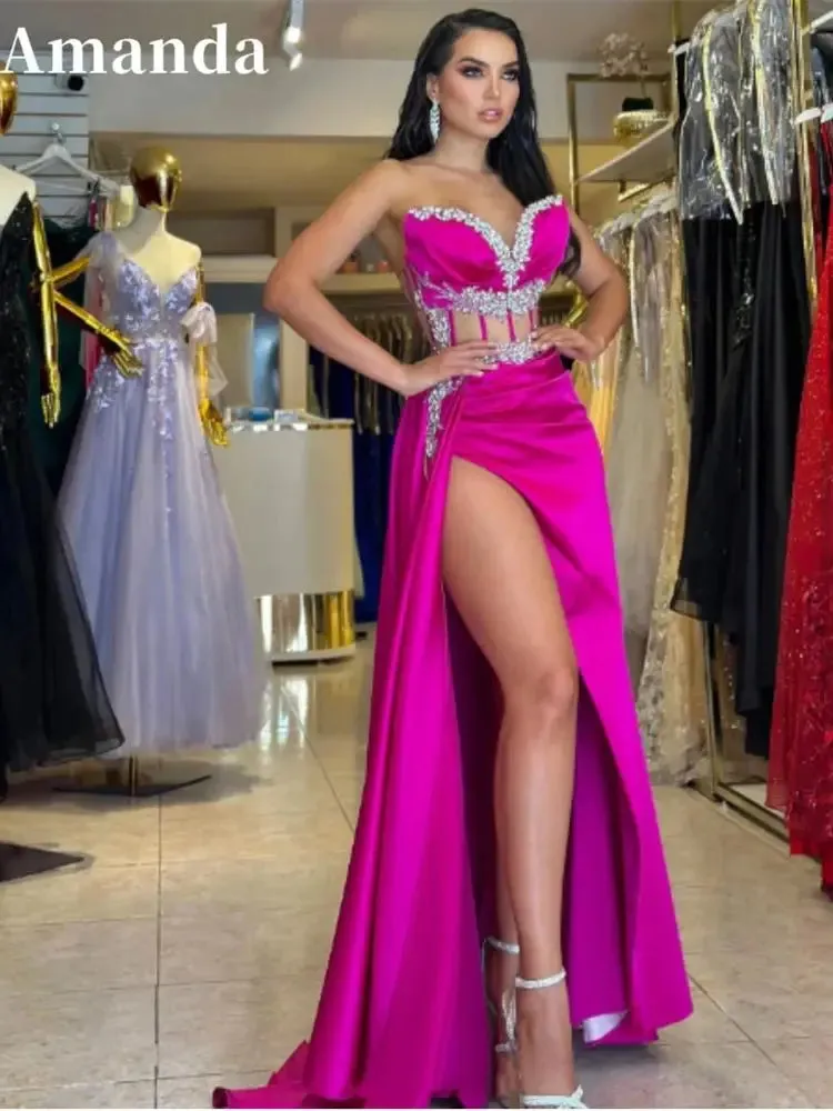 Elegant Fuchsia Mermaid Evening Dress Sexy Side Split Trumpet Party Dress Luxury Sequins Satin فساتين مناسبة رسمية - Image 5