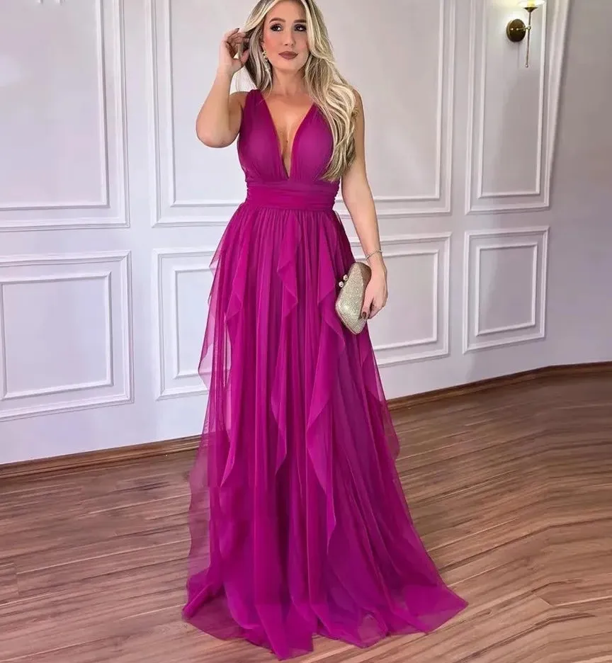 Elegant Prom Dresses Chiffon Deep V-Neck Ruffles Floor Length Simple Party Dresses vestidos de graduación - Image 2