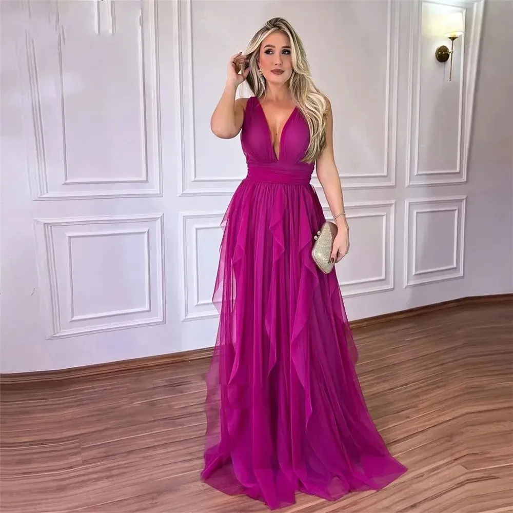 Elegant Prom Dresses Chiffon Deep V-Neck Ruffles Floor Length Simple Party Dresses vestidos de graduación - Image 3