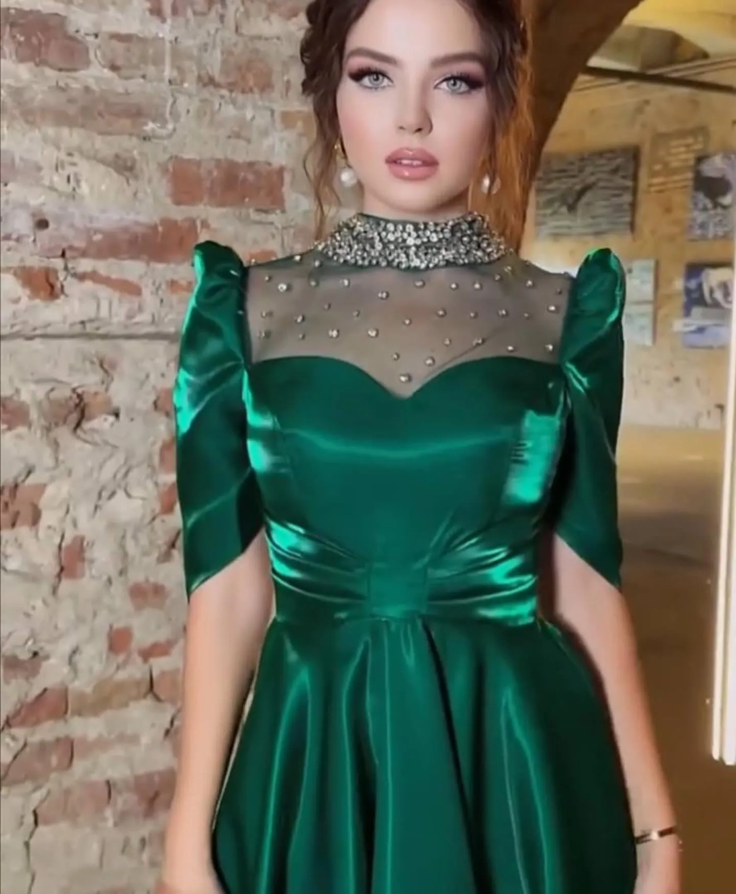 Elegant Green Arabia Prom Dresses Taffeta O-Neck Half Sleeves Sequineds Tea Length Evening Dresses Women Party Gowns - Image 3