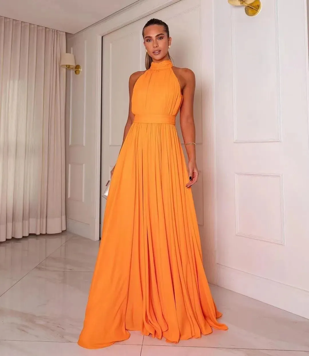 Elegant High Neck Sexy Sleeve A-line Prom Dress Light Orange 100D Chiffon Puffy Vestidos De Noche - Image 3