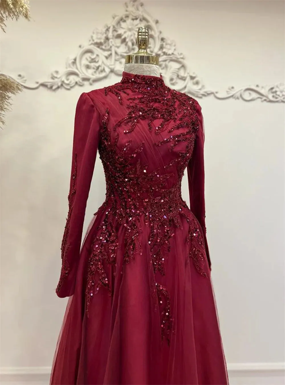 Elegant High Neck Prom Dress Sequins A-line muslim Evening Dress Beading Embroid Party Dress Modest فساتين مناسبة رسمية - Image 5