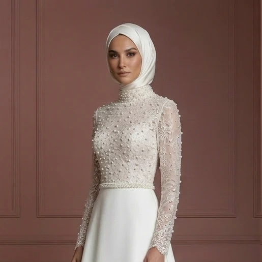 Elegant Hijab Wedding Dress With Pearl Detail Muslim - Image 4