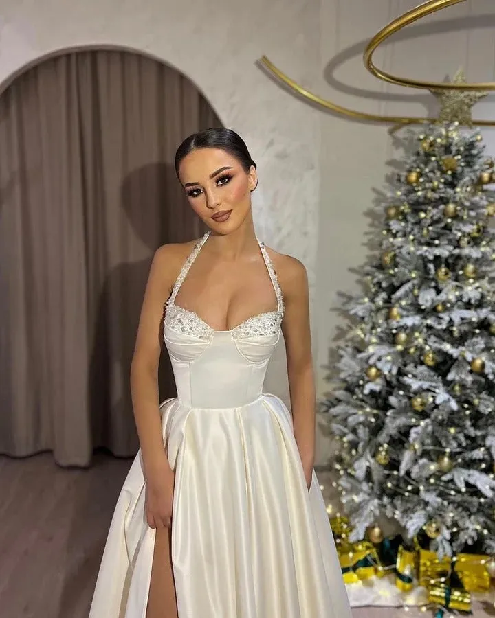 Elegant Ivory A-Line Prom Dress Spaghetti Strap Ruched High Slit Floor Length Princess Evening Dress vestido de gala - Image 2