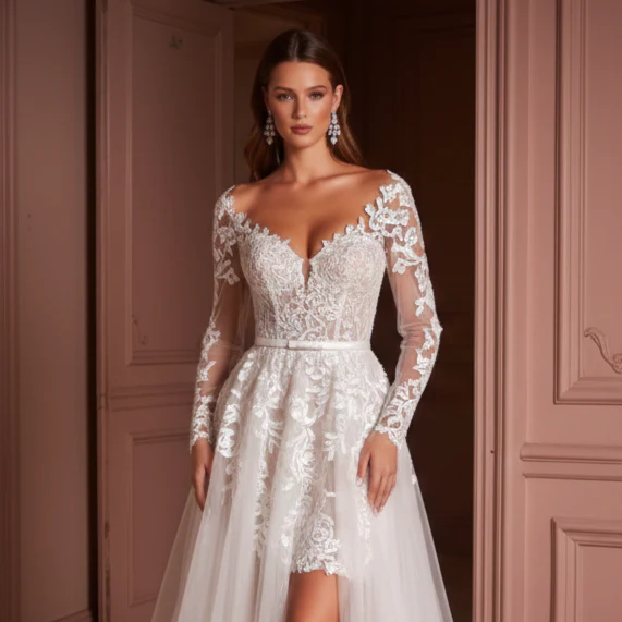 Plus Size Sleeve Wedding Dress Lace Applique Short Tulle Gown - Image 4
