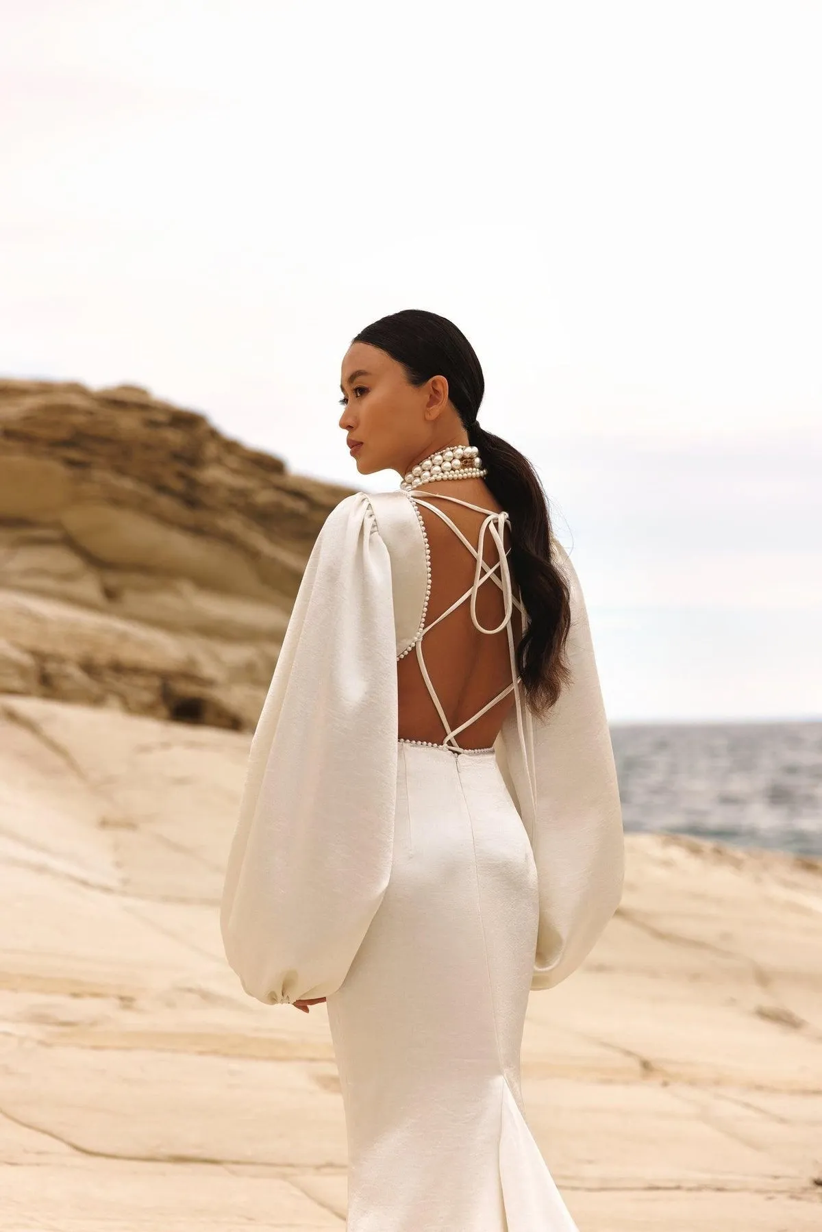 Elegant Mermaid Wedding Dress Silk Taffeta With Sheath Ball Gown V-Neck Bishop Sleeve Bridal Dress Lace Up Vestido De Casamento - Image 4