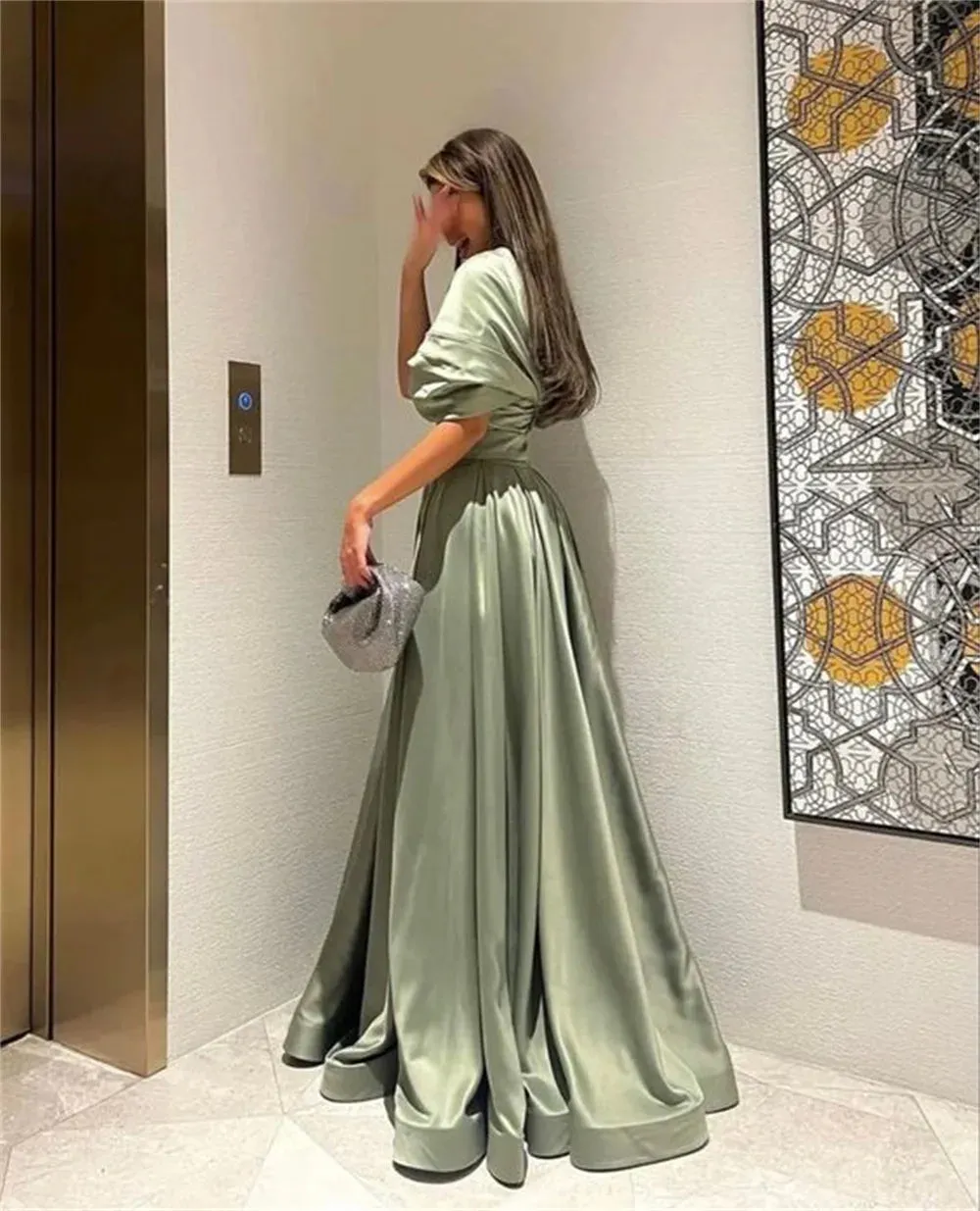 Elegant Mustard Green Prom Dress Sexy Short Sleeve Off Shoulder A-line Vestidos De Noche - Image 3