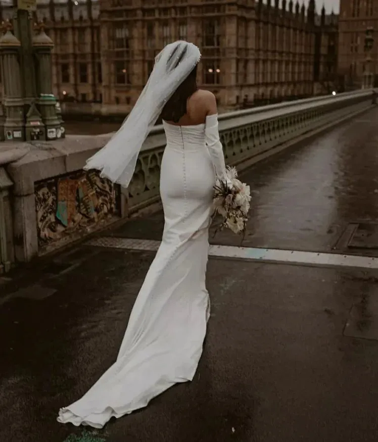 Elegant Off Shoulder Long Sleeve Mermaid Wedding Dress Strapless Long Train Bridal Wedding Gowns Sexy White Wedding Dresses - Image 4