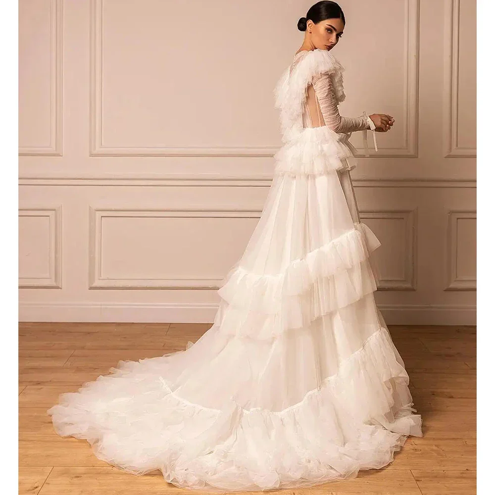Elegant Off White Evening Dress Long Sleeve Tiered Tulle Wedding Party Newest Formal Occasion Gowns - Image 2