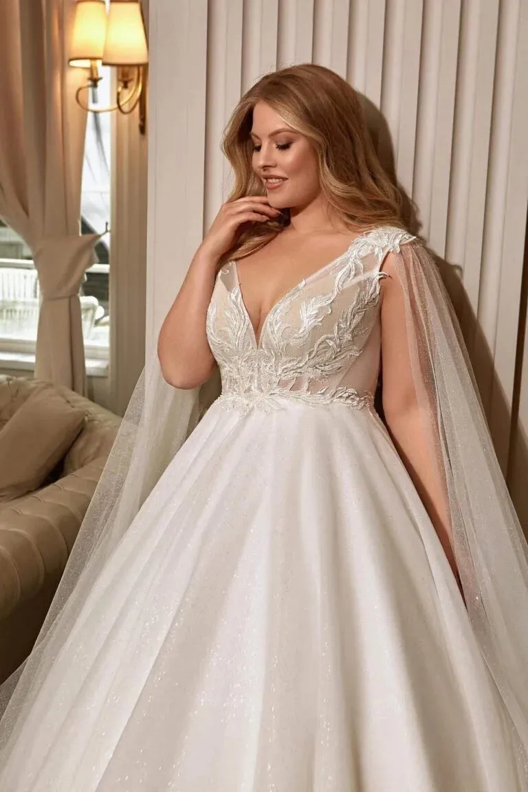Elegant Plus Size A-Line Wedding Dress with Spaghetti Straps and V-Neckline, Featuring a Flattering Natural Waistline for a Timeless Bridal Look - Image 2