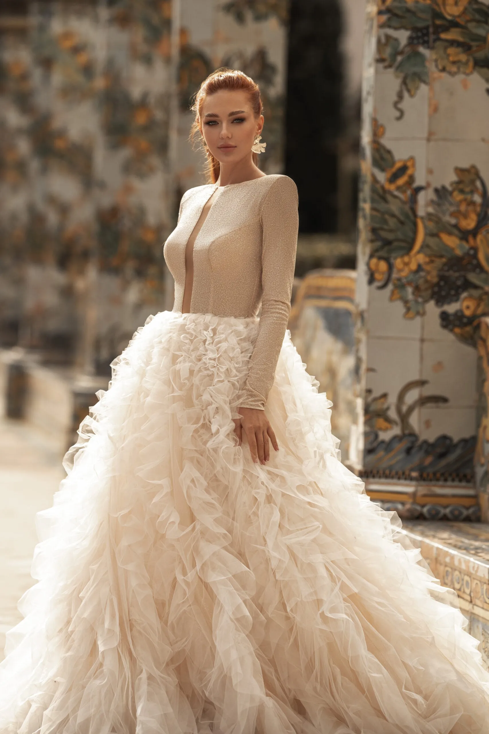 Elegant Puffy Princess Bridal Gown with Lace Embellishments and Jewel Neckline for a Timeless Wedding Look - Image 3