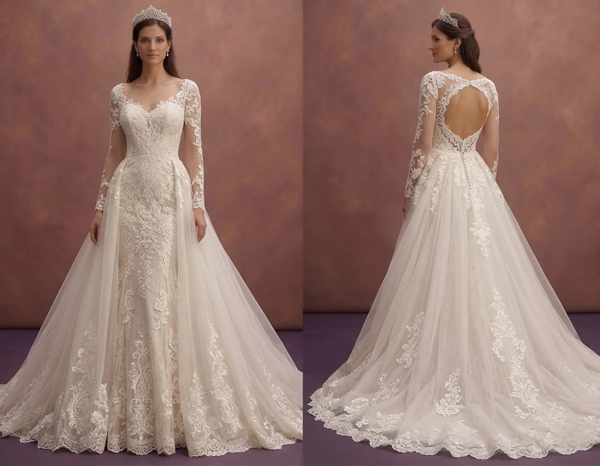 Romantic Lace Wedding Dress with Detachable Train – 2-in-1 for Church Ceremonies