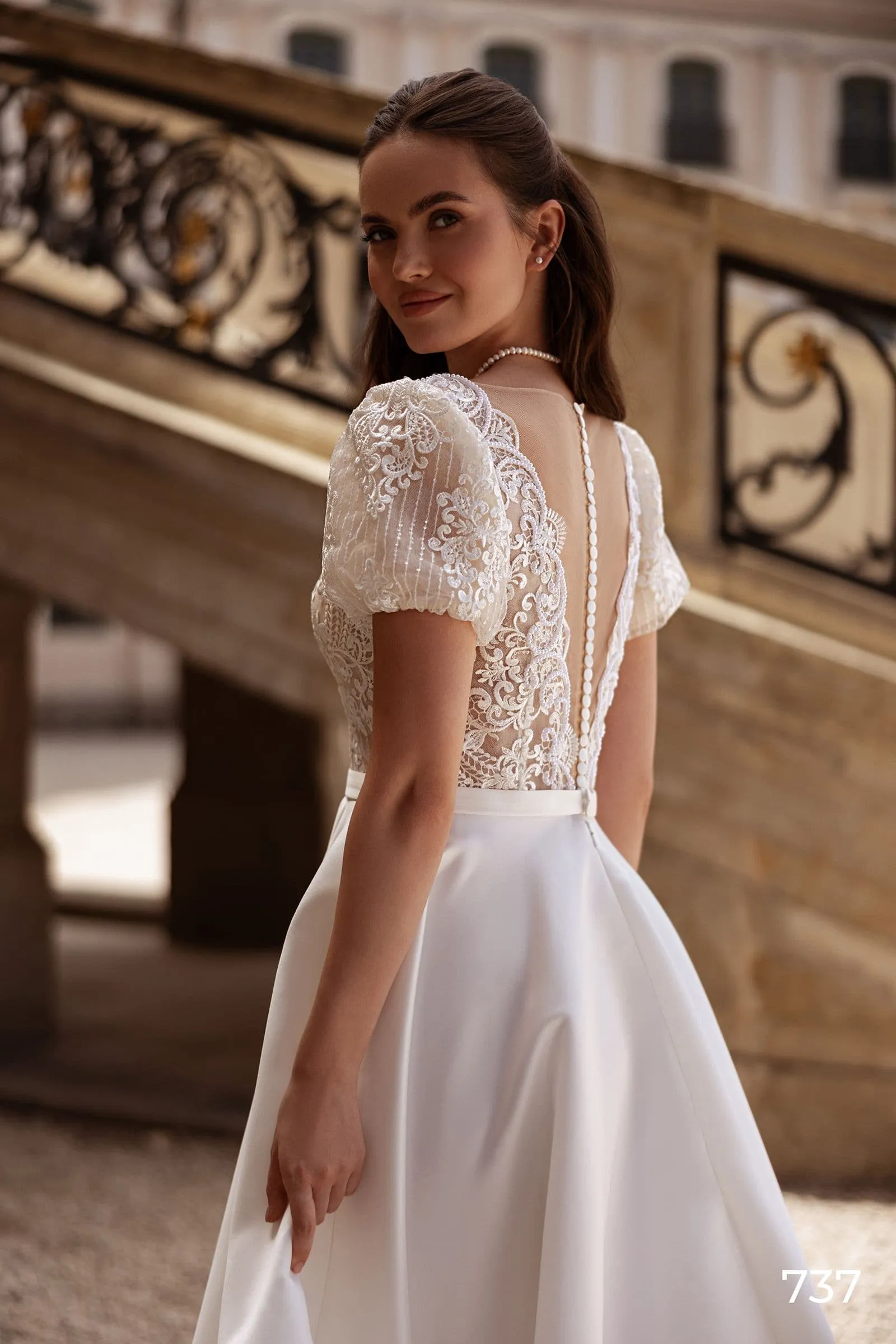 Elegant Satin Wedding Dresses Woman's Appliques Sexy V Neck Puff Sleeve Elegant Bride Gowns - Image 4
