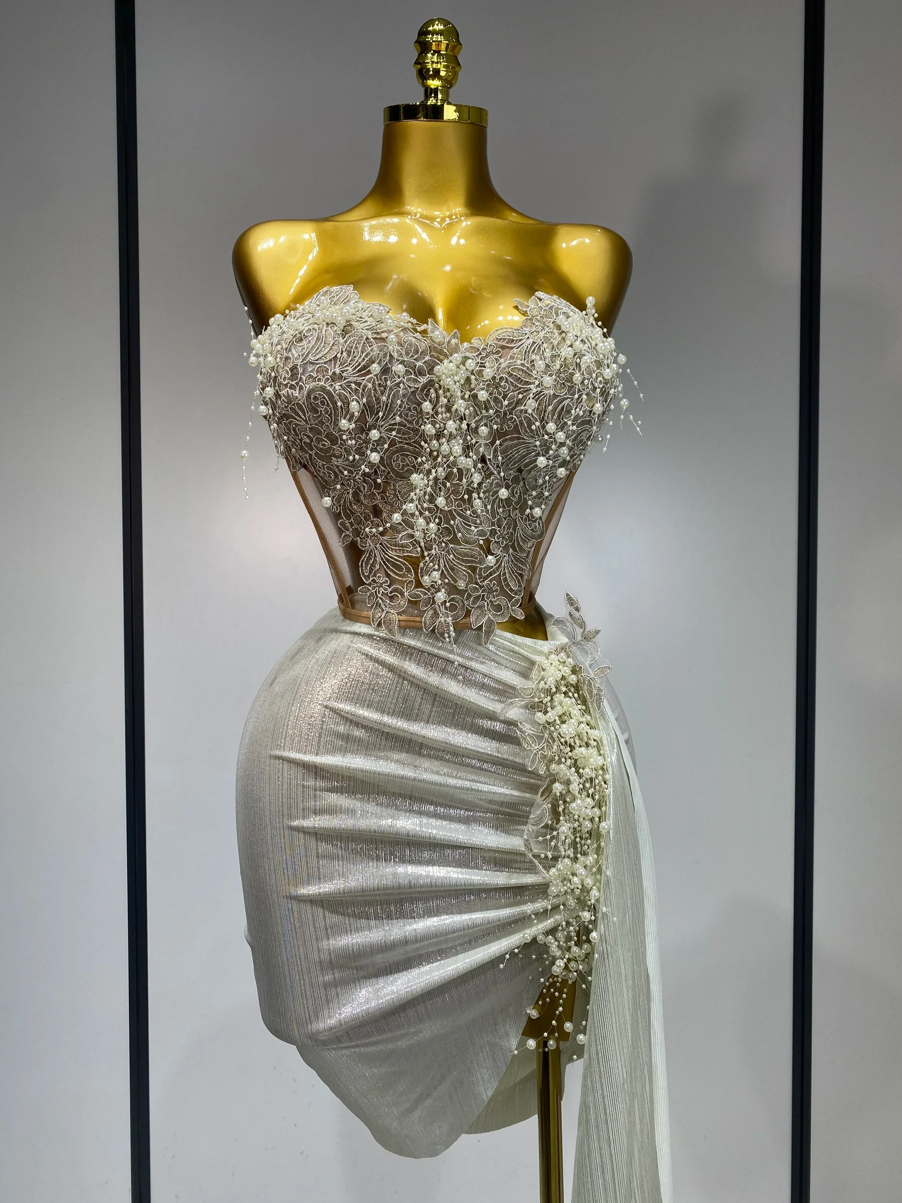 Elegant Sexy Pear Mesh See Through Two Piece Set Women Luxury Birthday Party Prom Gown Singer Nightclub Hotwife Stage Outfit