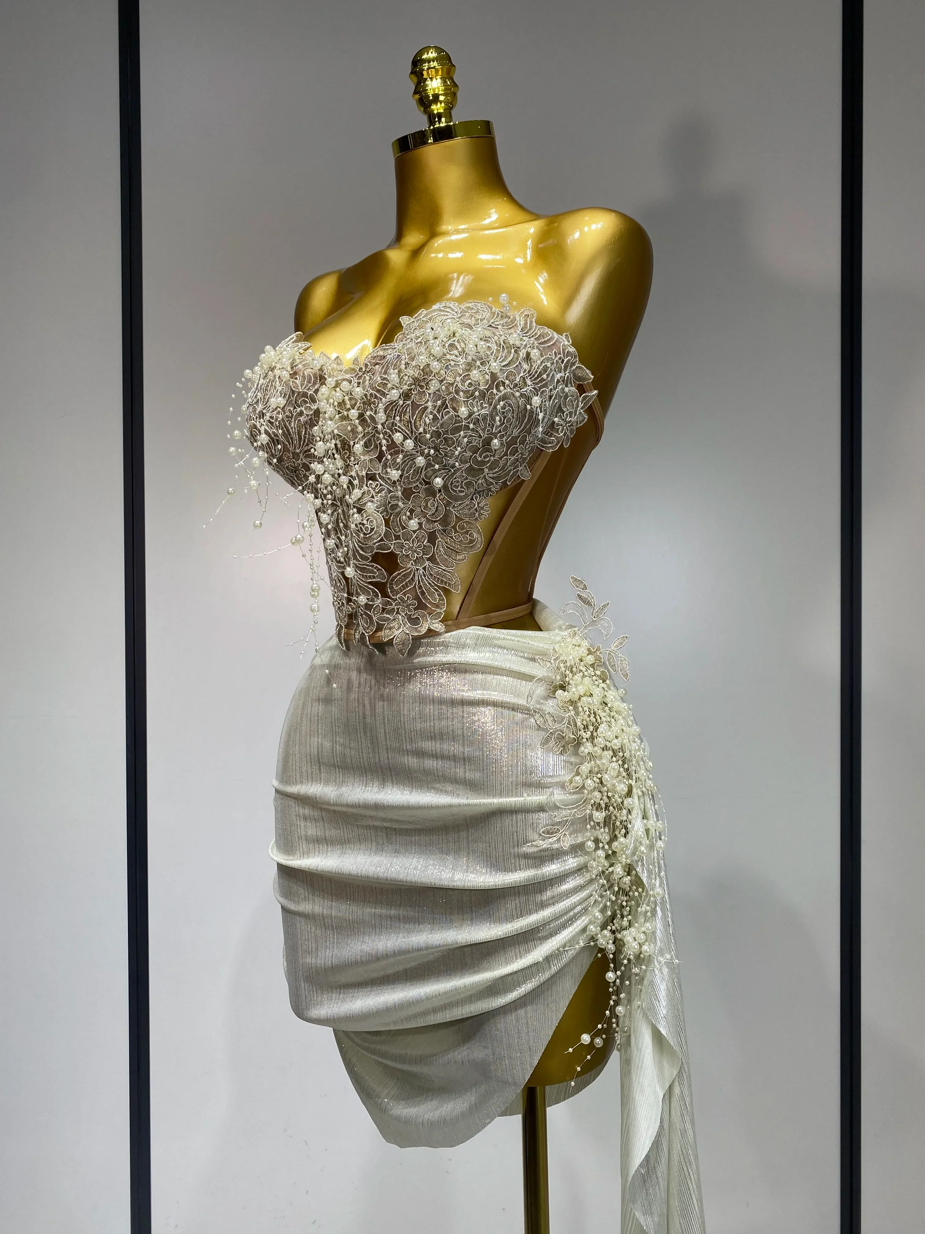 Elegant Sexy Pear Mesh See Through Two Piece Set Women Luxury Birthday Party Prom Gown Singer Nightclub Hotwife Stage Outfit - Image 2