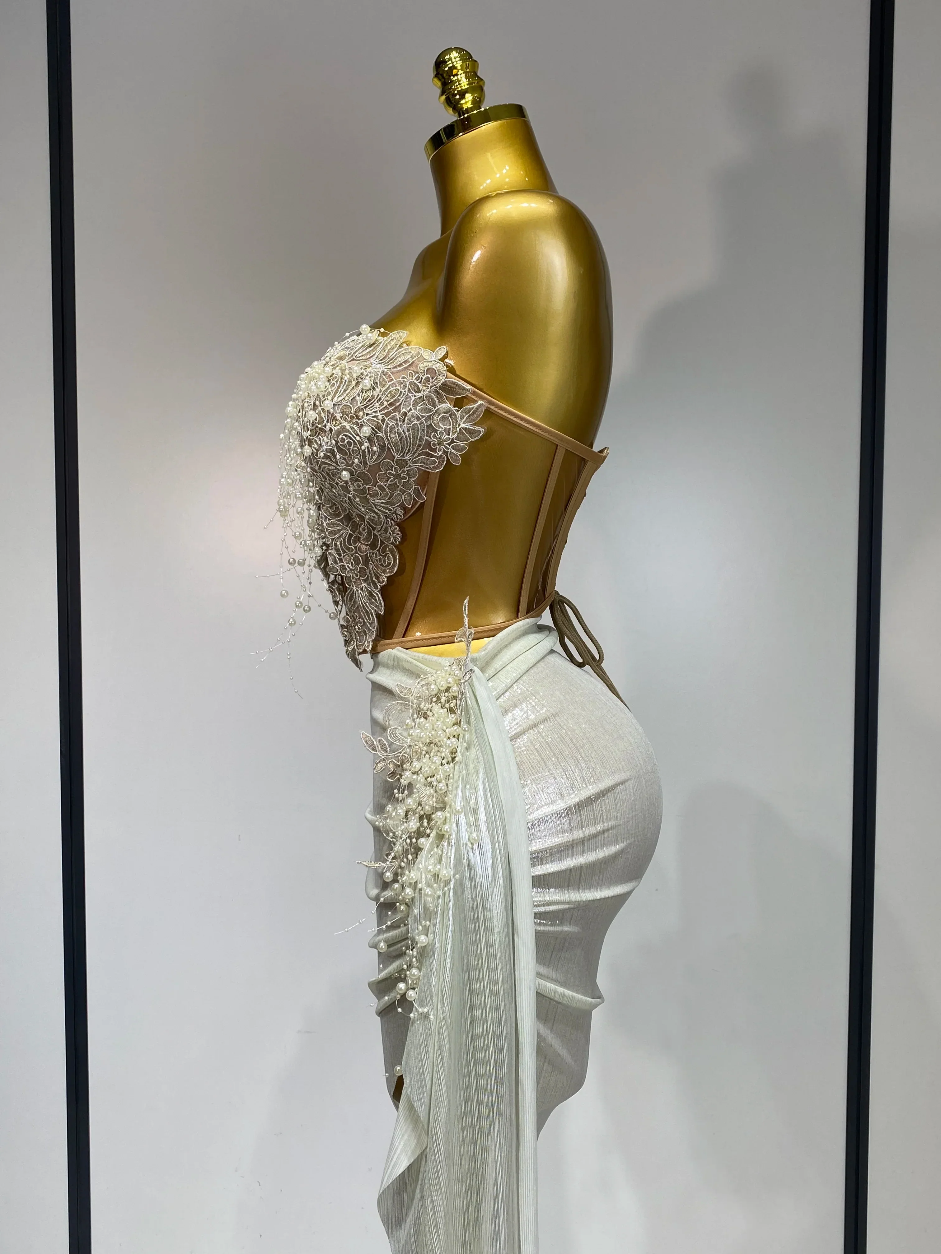 Elegant Sexy Pear Mesh See Through Two Piece Set Women Luxury Birthday Party Prom Gown Singer Nightclub Hotwife Stage Outfit - Image 3
