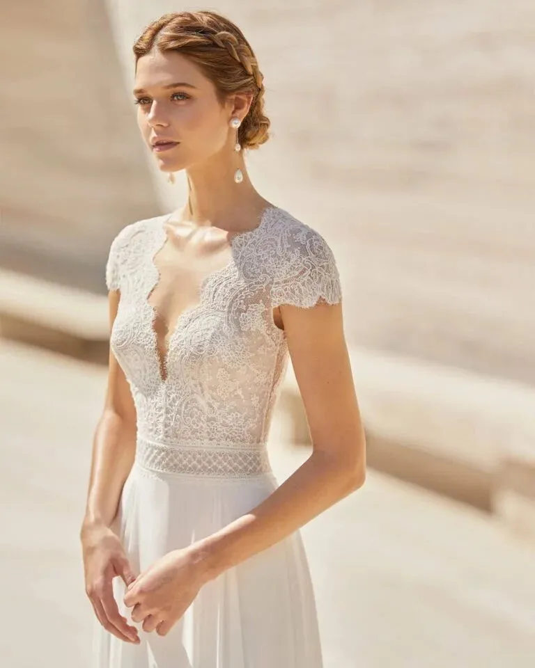 Elegant Sheath Wedding Gown with Delicate Lace Detailing, Graceful Cap Sleeves, and a Flattering V-Neckline for a Timeless and Romantic Bridal Look - Image 3