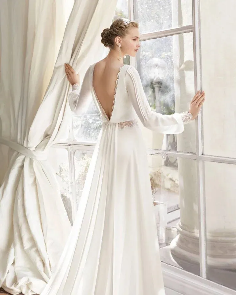 Elegant Sheath Wedding Gown with Delicate Lace Detailing, Graceful Long Sleeves, and a Flattering Scoop Neckline for a Timeless and Romantic Bridal Look - Image 2