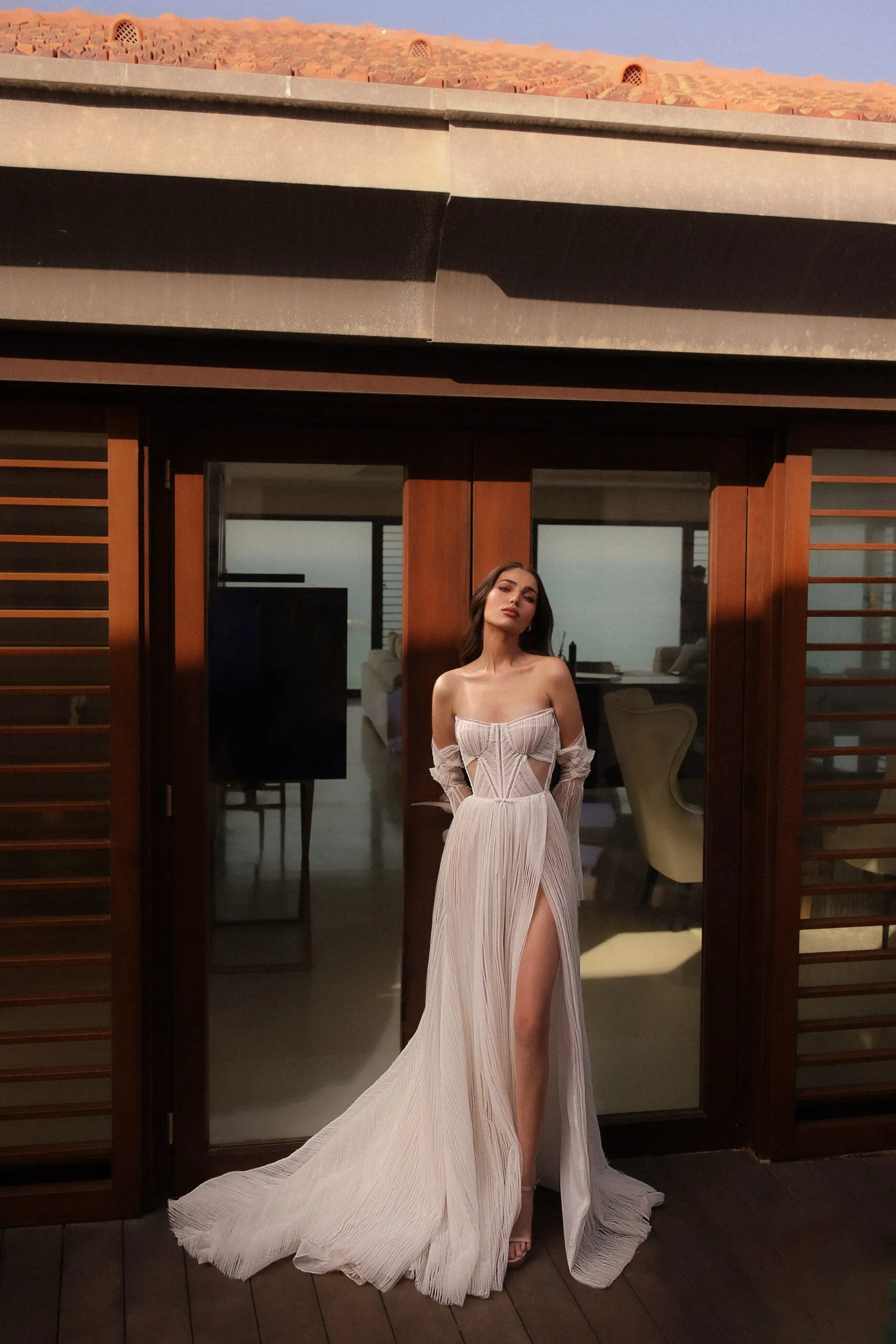 Elegant Sheath Wedding Gown with  Lace, Off-Shoulder Neckline, and Long Sleeves for a Romantic and Sophisticated Bridal Look