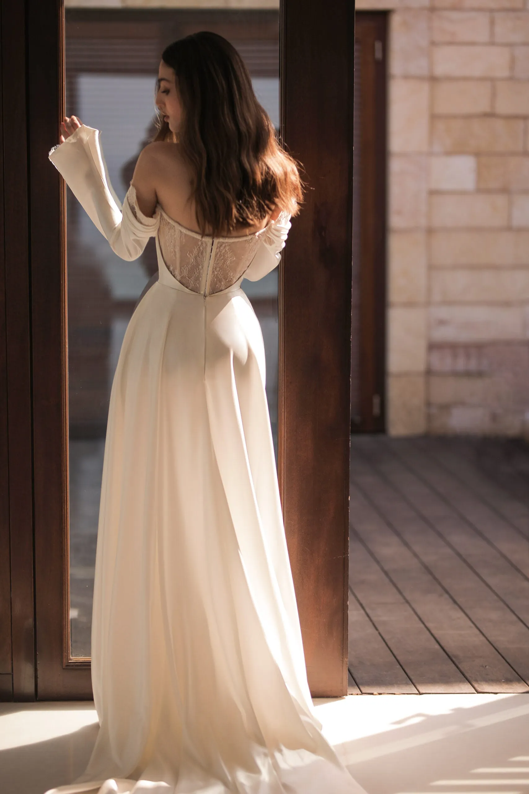 Elegant Sheath Wedding Gown with Sequin Lace, Off-Shoulder Neckline, and Long Sleeves for a Romantic and Timeless Bridal Look - Image 2