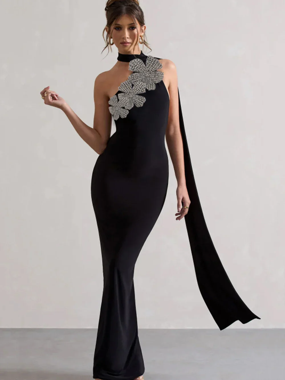 Elegant Solid Diamond Flower Bandage Women Halter Dress Off Shoulder Sleeveless Backless Slim Female Maxi Dresses Lady Robe