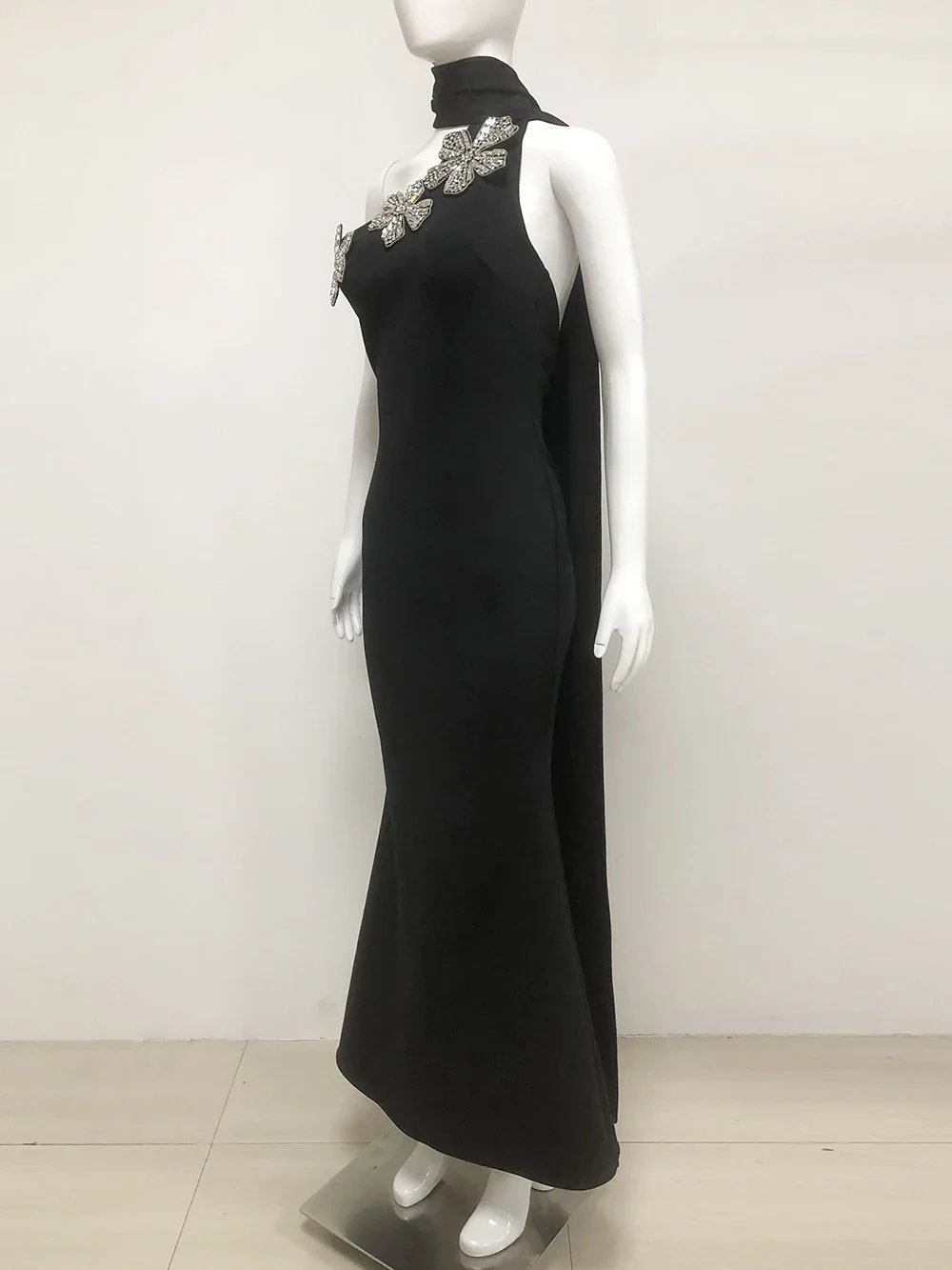 Elegant Solid Diamond Flower Bandage Women Halter Dress Off Shoulder Sleeveless Backless Slim Female Maxi Dresses Lady Robe - Image 3