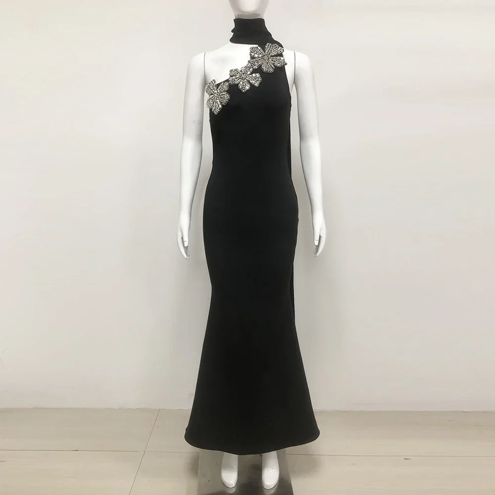 Elegant Solid Diamond Flower Bandage Women Halter Dress Off Shoulder Sleeveless Backless Slim Female Maxi Dresses Lady Robe - Image 7