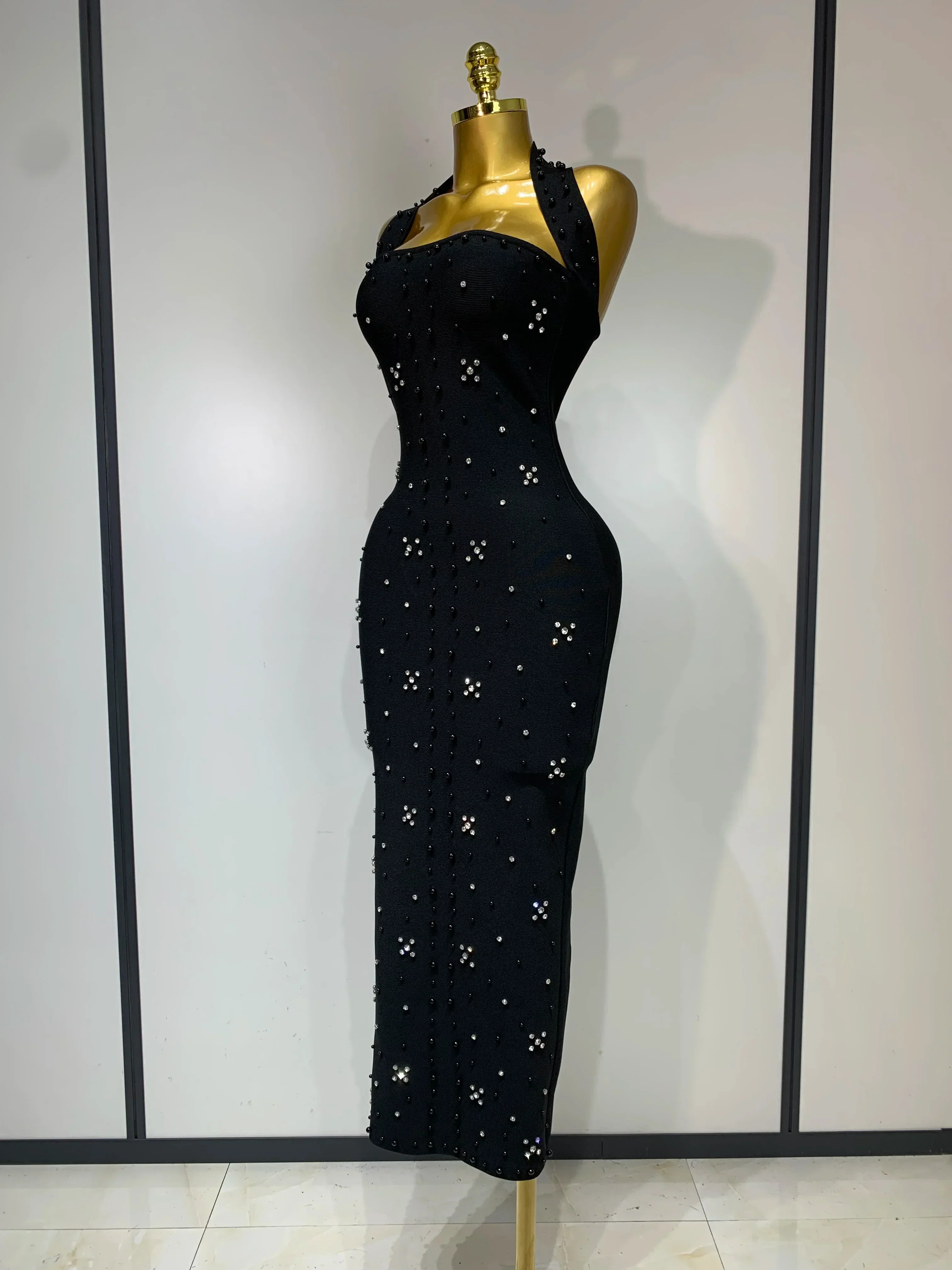 Elegant Sparkly Rhinestone Pearl Halter Backless Bodycon Bandage Long Dress  Women Luxury Birthday Evening Party Gowns - Image 2