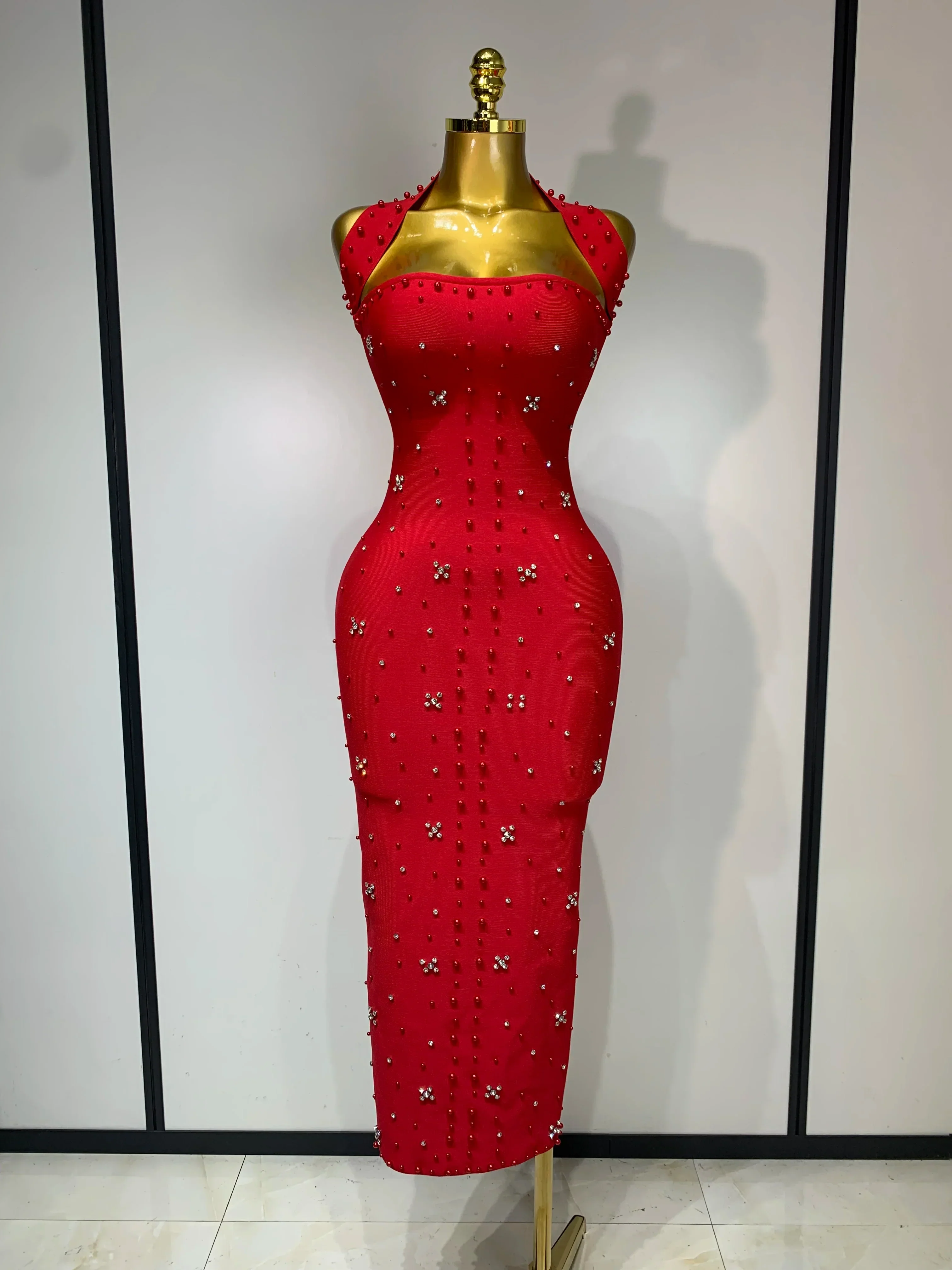 Elegant Sparkly Rhinestone Pearl Halter Backless Bodycon Bandage Long Dress  Women Luxury Birthday Evening Party Gowns - Image 6