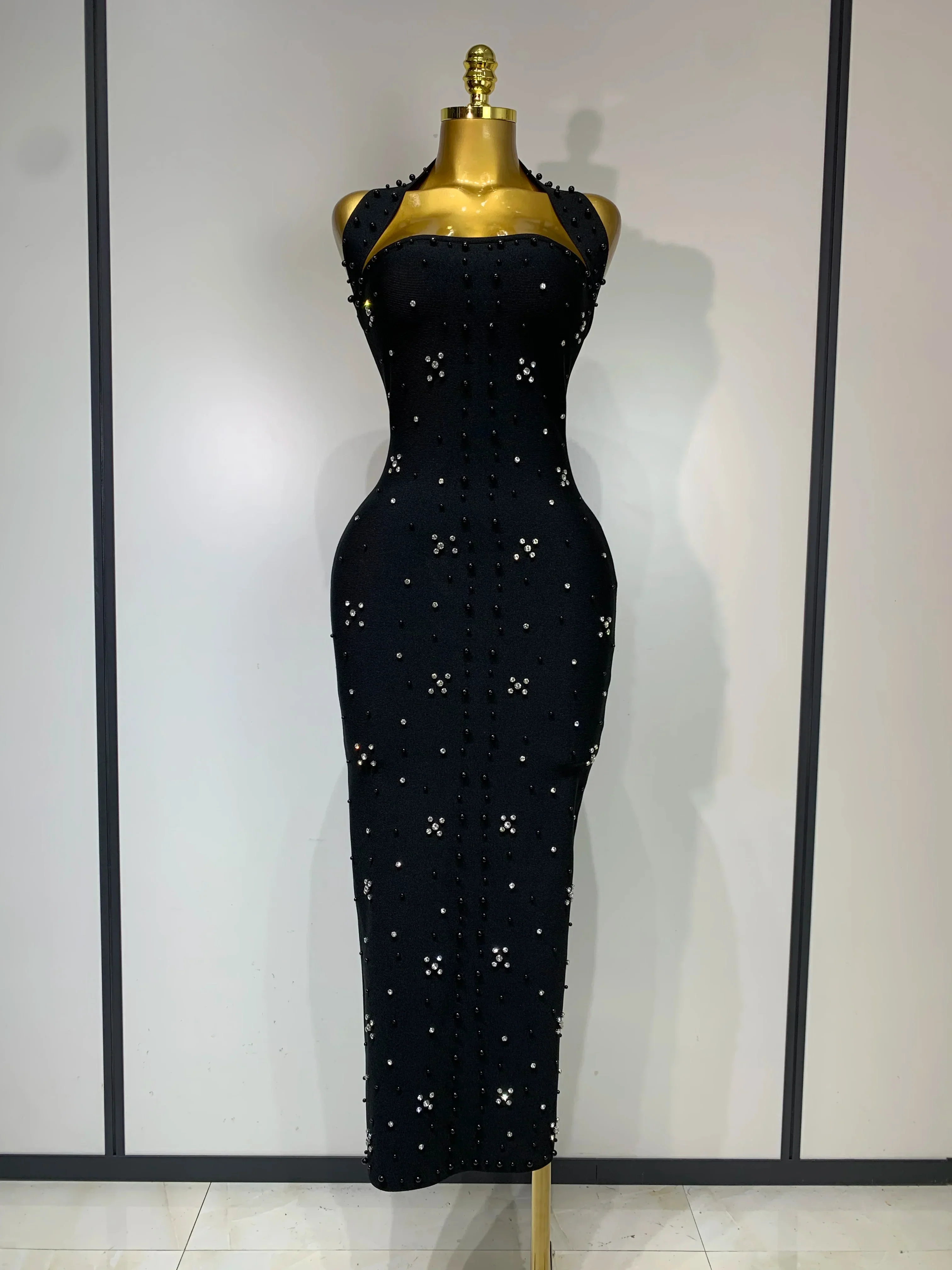 Elegant Sparkly Rhinestone Pearl Halter Backless Bodycon Bandage Long Dress  Women Luxury Birthday Evening Party Gowns - Image 7