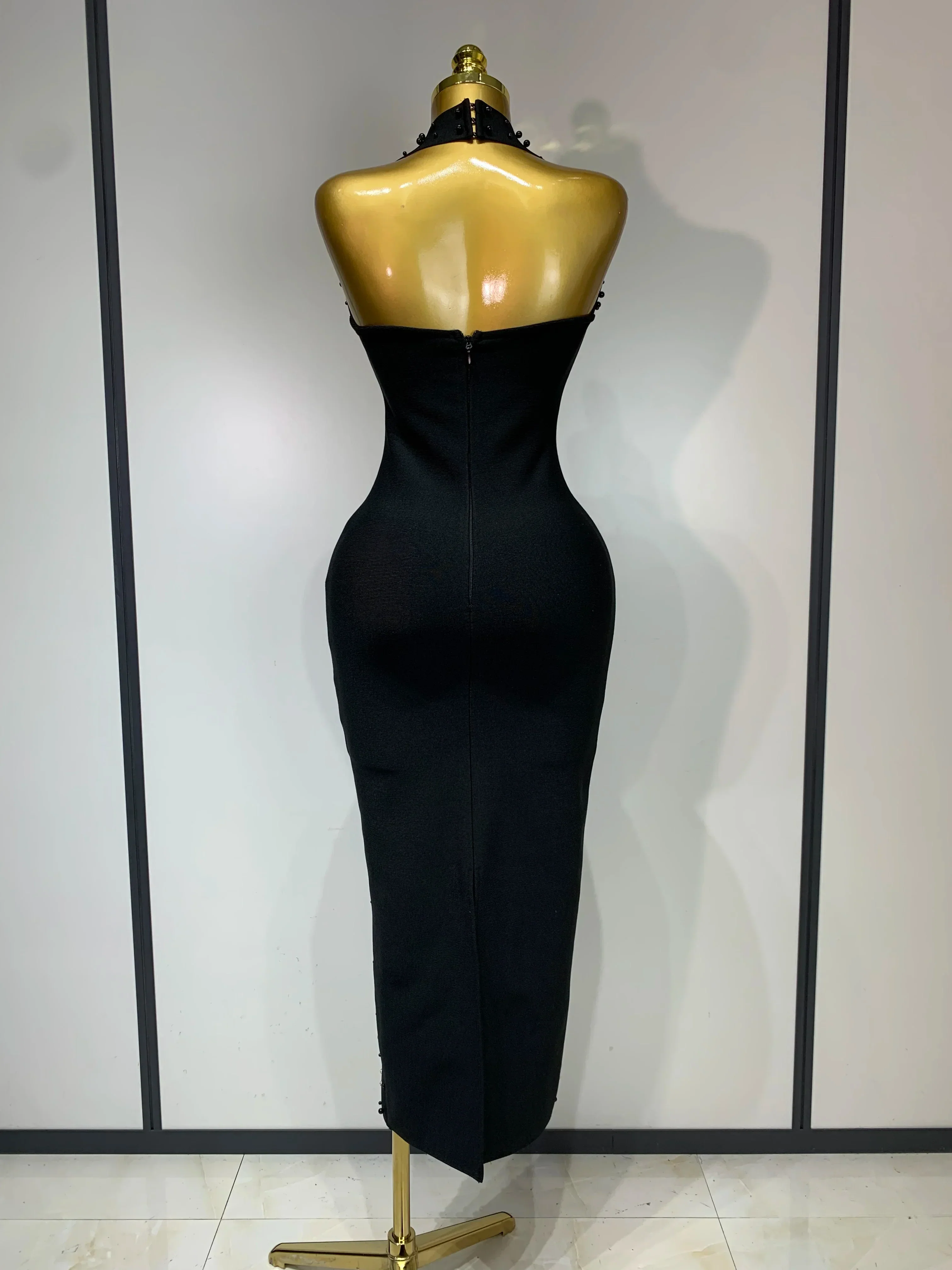 Elegant Sparkly Rhinestone Pearl Halter Backless Bodycon Bandage Long Dress  Women Luxury Birthday Evening Party Gowns - Image 4